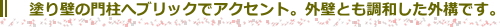 塗り壁の門柱へブリックでアクセント。外壁とも調和した外構です。